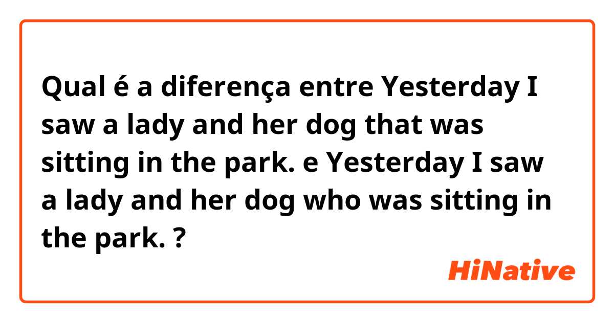 Qual é a diferença entre Yesterday I saw a lady and her dog that was sitting in the park. e Yesterday I saw a lady and her dog who was sitting in the park. ?