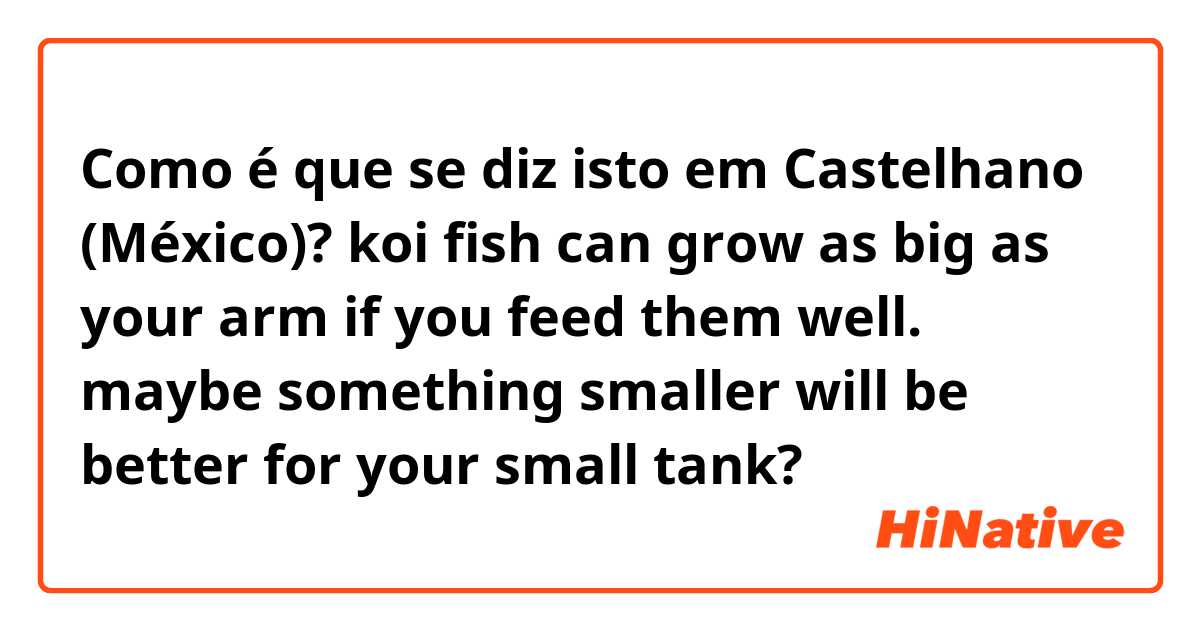 Como é que se diz isto em Castelhano (México)? koi fish can grow as big as your arm if you feed them well. maybe something smaller will be better for your small tank?