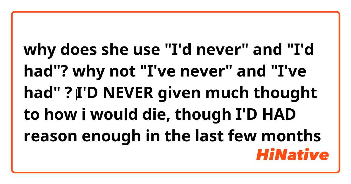 why does she use "I'd never" and "I'd had"? why not "I've never" and  "I've had" ?

‎I'D NEVER given much thought to how i would die, though I'D HAD reason enough in the last few months



