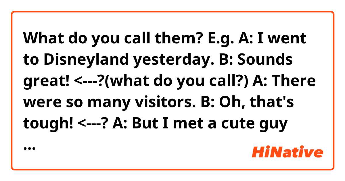 What do you call them?
E.g.
A: I went to Disneyland yesterday.
B: Sounds great! <---?(what do you call?)
A: There were so many visitors.
B: Oh, that's tough! <---?
A: But I met a cute guy there.
B: Wow, couldn't be better, right? <---?

We call them あいづち
You call "response" or something ? 