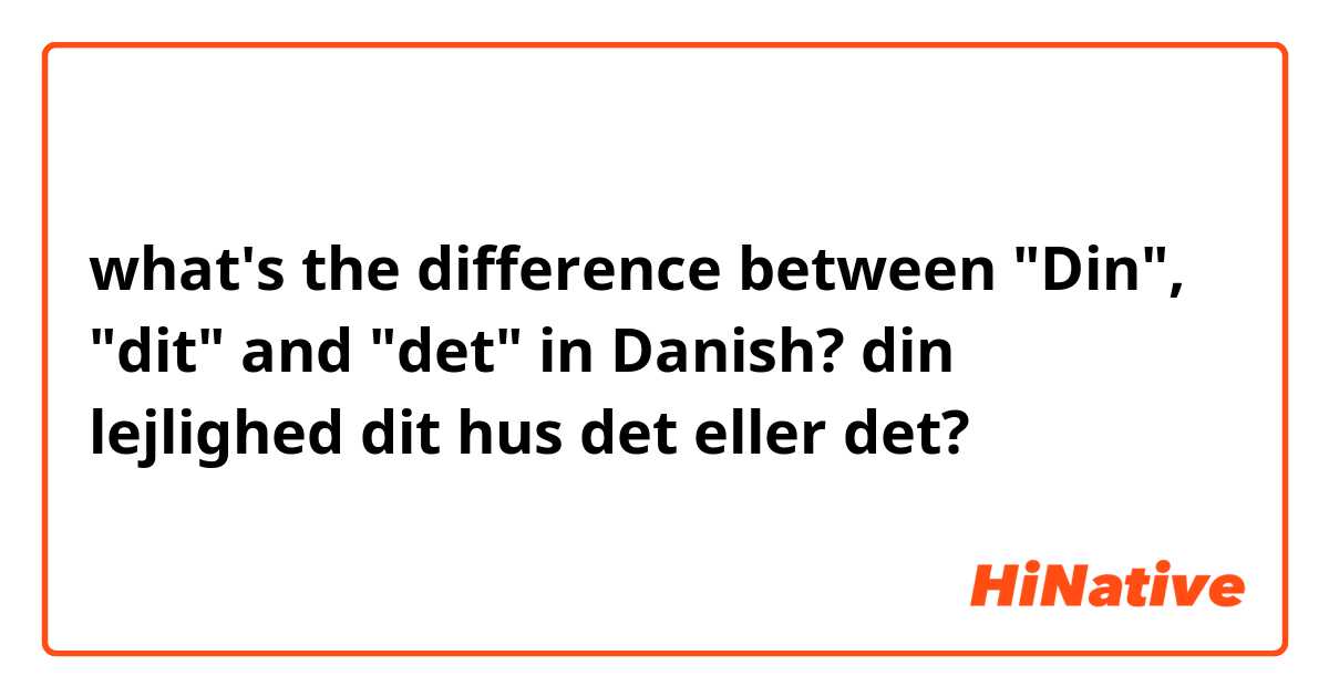 what's the difference between "Din", "dit" and "det" in Danish?

din lejlighed
dit hus
det eller det?