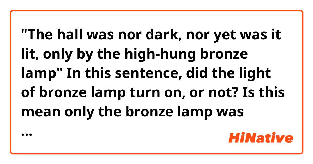 "The hall was nor dark, nor yet was it lit, only by the high-hung bronze lamp" 
In this sentence, did the light of bronze lamp turn on, or not? Is this mean only the bronze lamp was bright, so the hall was not dark nor bright? ne anlama geliyor?