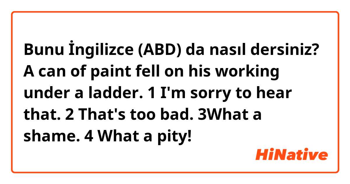 Bunu İngilizce (ABD) da nasıl dersiniz? A can of paint fell on his working under a ladder.

1 I'm sorry to hear that.
2 That's too bad.
3What a shame.
4 What a pity!