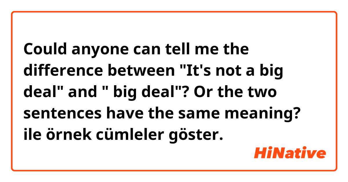 Could anyone can tell me the difference between "It's not a big deal" and " big deal"? Or the two sentences have the same meaning? ile örnek cümleler göster.