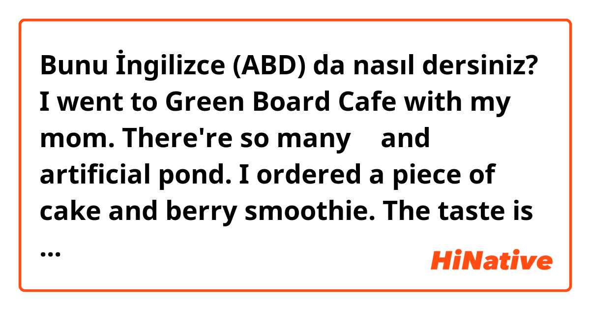 Bunu İngilizce (ABD) da nasıl dersiniz? I went to Green Board Cafe with my mom. There're so many 🪴 and  artificial pond. I ordered a piece of cake and berry smoothie. The taste is good but there was so 시끄러운, 시끌벅적한. 그게 좀 아쉽네.