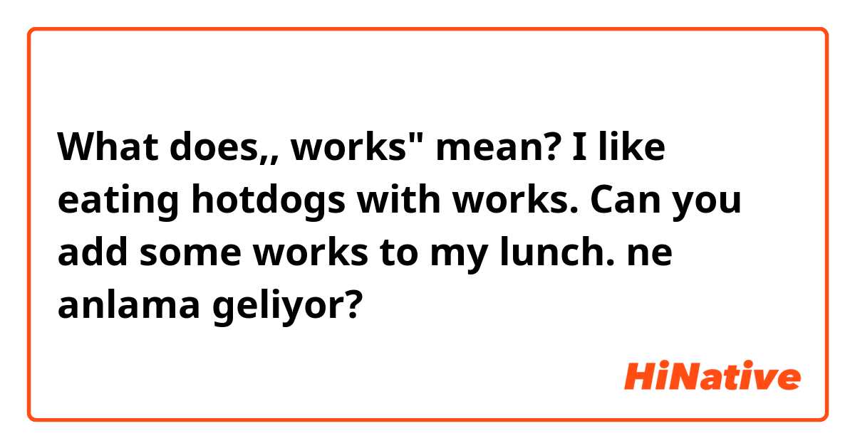 What does,, works" mean?

I like eating hotdogs with works.
Can you add some works to my lunch.

  ne anlama geliyor?