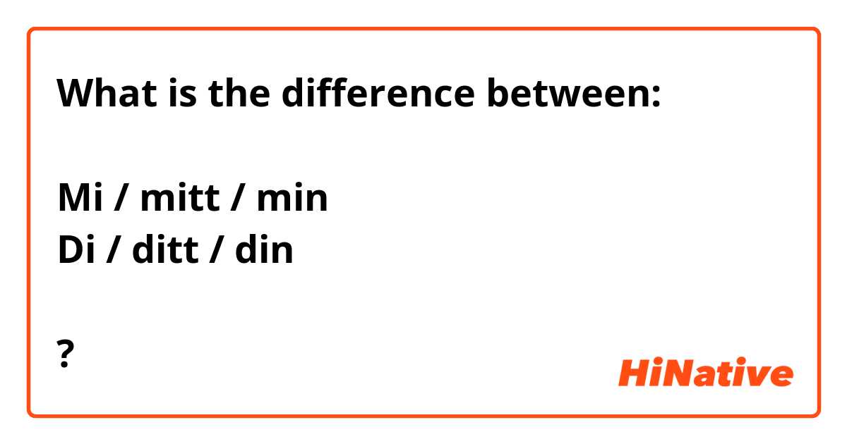 What is the difference between:

Mi / mitt / min
Di / ditt / din

?