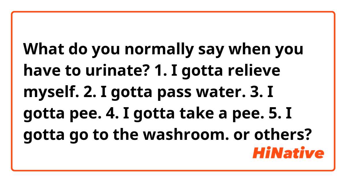 What do you normally say when you have to urinate?

1. I gotta relieve myself.
2. I gotta pass water.
3. I gotta pee.
4. I gotta take a pee.
5. I gotta go to the washroom.

or others?