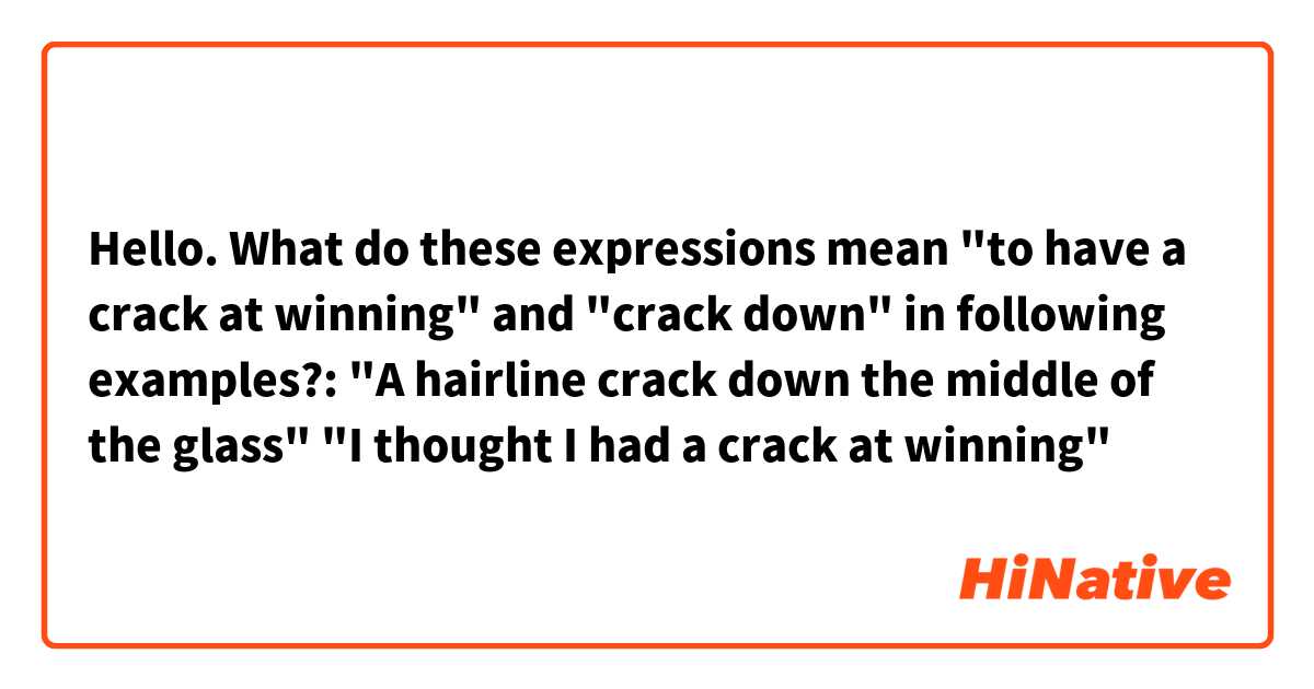 Hello. What do these expressions mean "to have a crack at winning" and "crack down" in following examples?: 
"A hairline crack down the middle of the glass"
"I thought I had a crack at winning"
