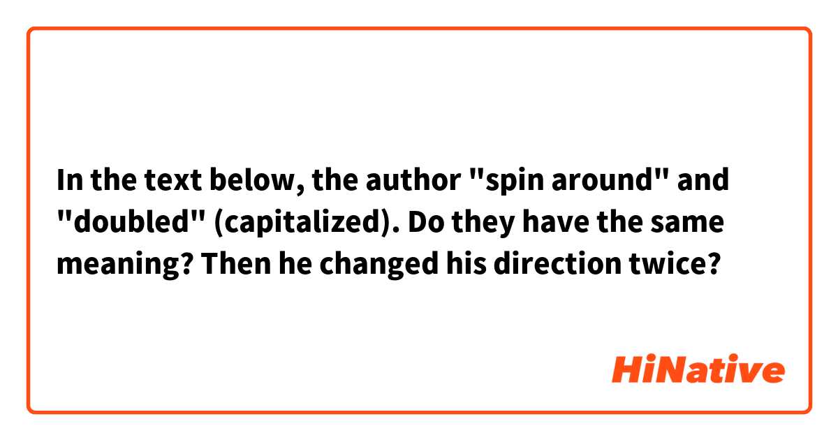 In the text below, the author "spin around" and "doubled" (capitalized). Do they have the same meaning? Then he changed his direction twice?