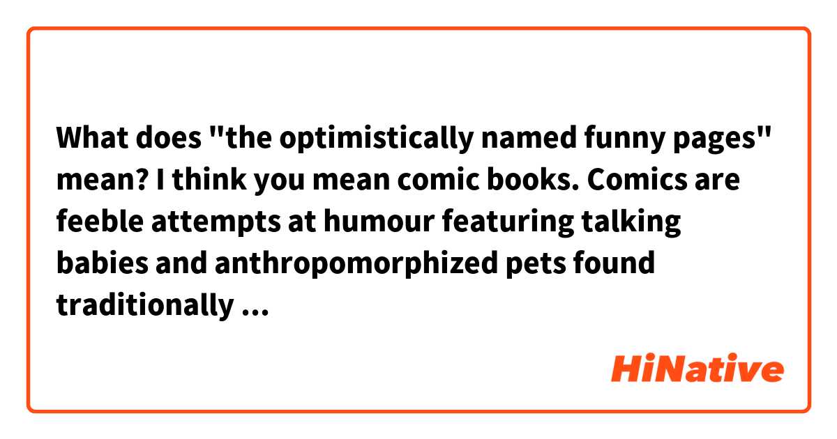What does "the optimistically named funny pages" mean?

I think you mean comic books. Comics are feeble attempts at humour featuring talking babies and anthropomorphized pets found traditionally in the optimistically named funny pages.