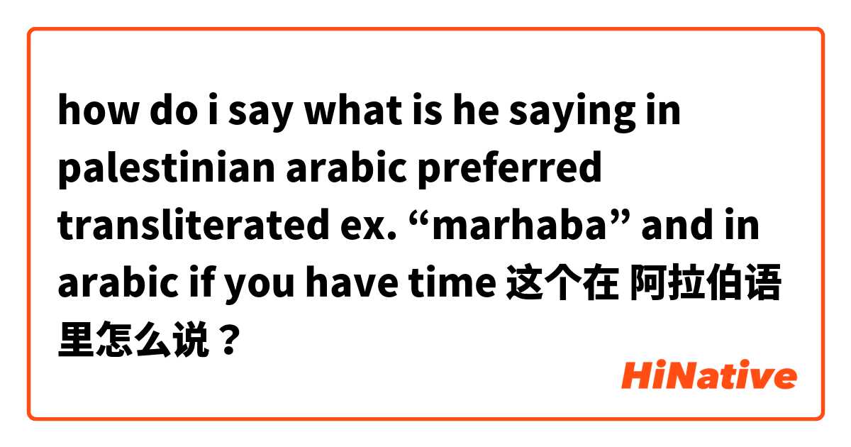 how do i say what is he saying in palestinian arabic

preferred transliterated ex. “marhaba”
and in arabic if you have time 这个在 阿拉伯语 里怎么说？