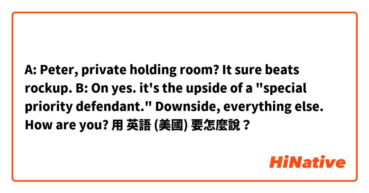 A: Peter, private holding room? It sure beats rockup.
B: On yes. it's the upside of a "special priority defendant." Downside, everything else. How are you?用 英語 (美國) 要怎麼說？