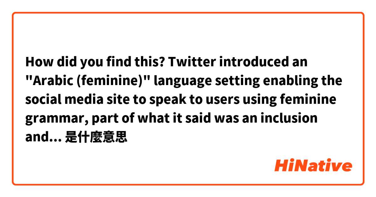 How did you find this? 
Twitter introduced an "Arabic (feminine)" language setting enabling the social media site to speak to users using feminine grammar, part of what it said was an inclusion and diversity drive.是什麼意思