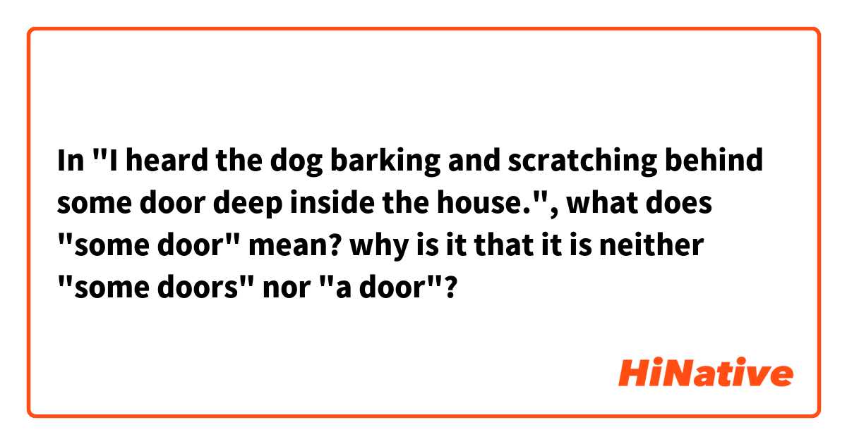In "I heard the dog barking and scratching behind some door deep inside the house.", what does "some door" mean? why is it that it is neither "some doors" nor "a door"?