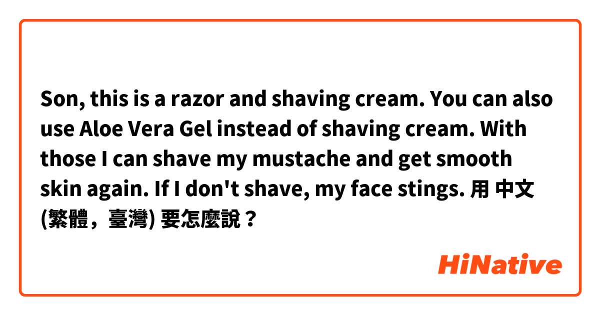 Son, this is a razor and shaving cream. You can also use Aloe Vera Gel instead of shaving cream. With those I can shave my mustache and get smooth skin again. If I don't shave, my face stings.用 中文 (繁體，臺灣) 要怎麼說？