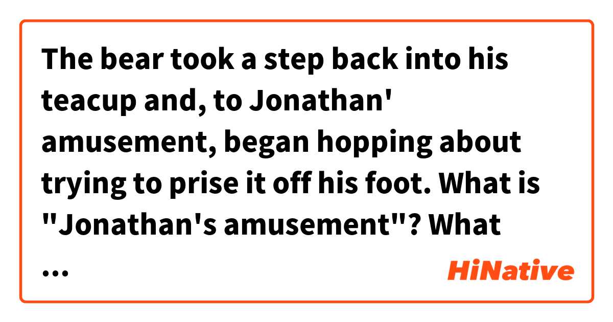 The bear took a step back into his teacup and, to Jonathan' amusement, began hopping about trying to prise it off his foot.

What is "Jonathan's amusement"?
What does "began hopping about" mean?
What does "prise it off his foot" mean? 