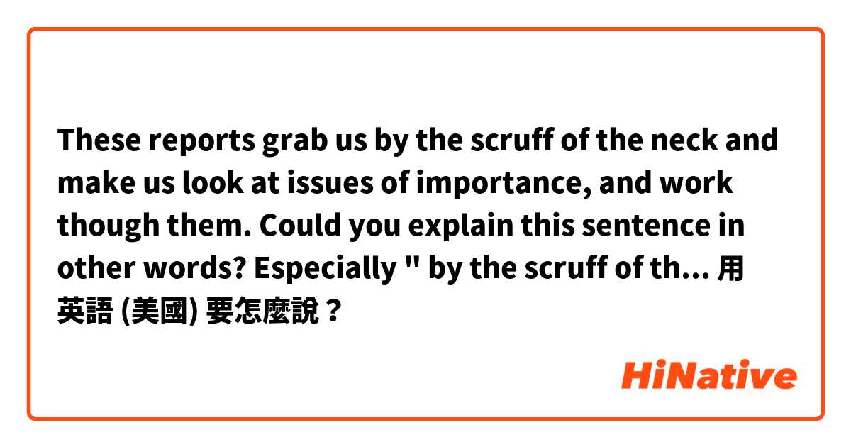 These reports grab us by the scruff of the neck and make us look at issues of importance, and work though them.      Could you explain this sentence in other words? Especially " by the scruff of the neck". Thanks in advance!用 英語 (美國) 要怎麼說？