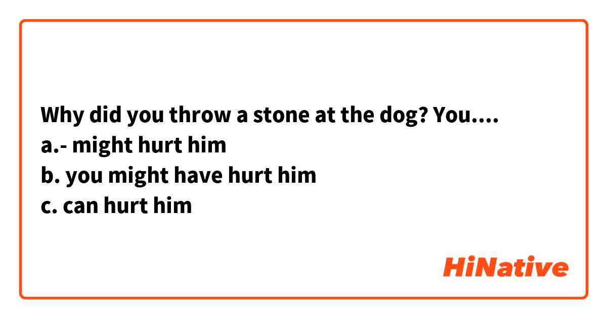 Why did you throw a stone at the dog? You....
a.- might hurt him
b. you might have hurt him
c. can hurt him