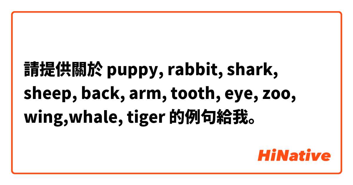 請提供關於 puppy, rabbit, shark, sheep, back, arm, tooth, eye, zoo, wing,whale, tiger 的例句給我。
