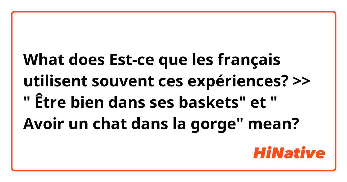 What does Est-ce que les français utilisent souvent ces expériences? >> " Être bien dans ses baskets" et " Avoir un chat dans la gorge" mean?