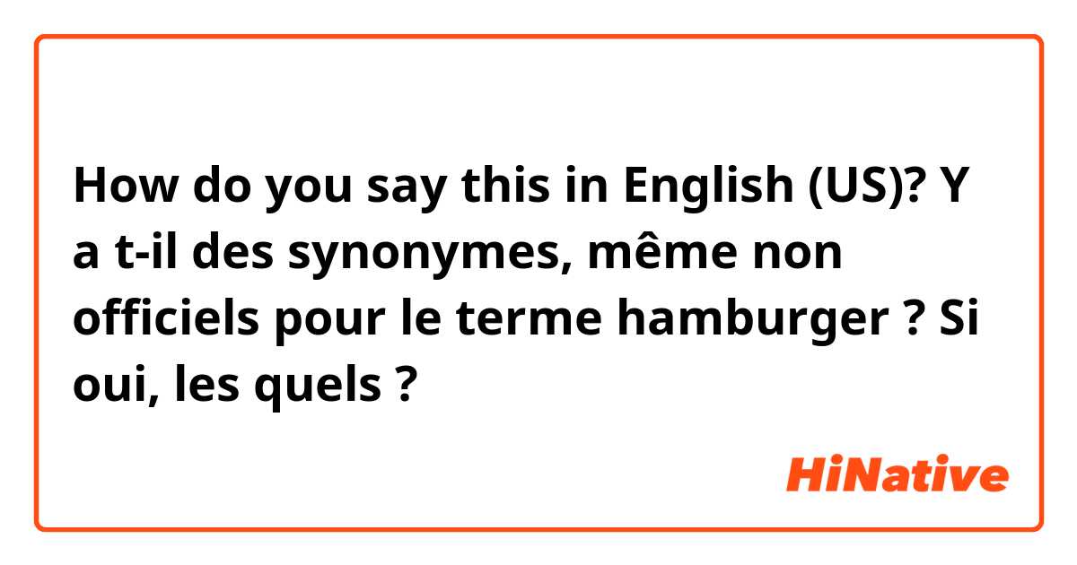 How do you say this in English (US)? Y a t-il des synonymes, même non officiels pour le terme hamburger ? Si oui, les quels ? 