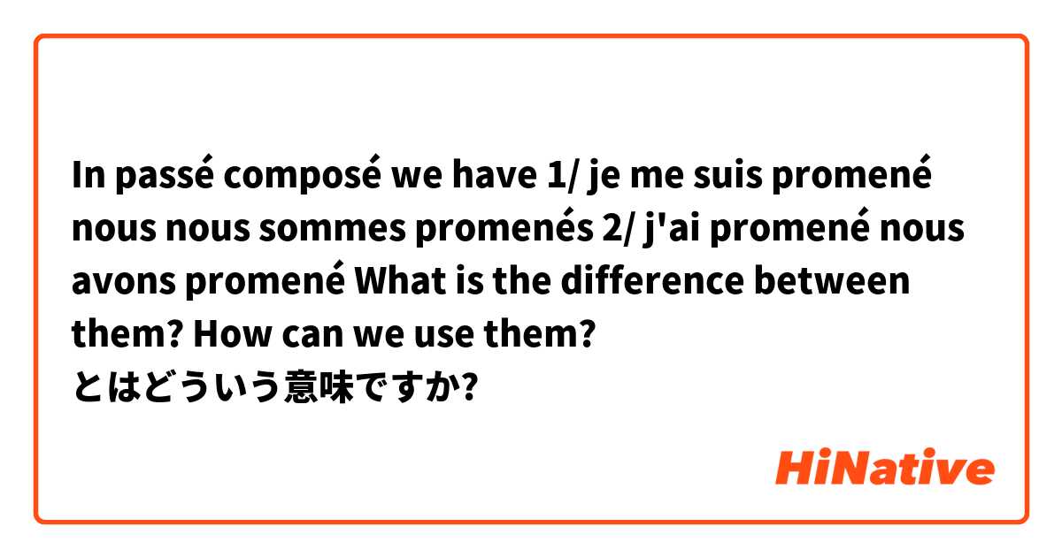In passé composé  we have
1/ je me suis promené
nous nous sommes promenés
2/ j'ai promené
nous avons promené
What is the difference between them? How can we use them?


 とはどういう意味ですか?