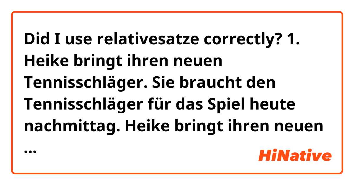 Did I use relativesatze correctly?


1. Heike bringt ihren neuen Tennisschläger.
    Sie braucht den Tennisschläger für das Spiel heute nachmittag.

Heike bringt ihren neuen Tennisschläger, den Sie für das Spiel heute nachmittag braucht.

2. Johannes ringt gegen Matthias.
   Johannes fürchtet sich sehr vor ihm.

Johannes ringt gegen Matthias, er sich sehr vor ihm fürchtet.

3. Fiona wirft den Speer ganz weit.
    Fiona macht das nur zum ersten Mal.

Fiona, die macht das nur zum ersten Mal, den Speer ganz weit wirft.

4. Hast du das Autorennfahren gesehen?
    Während des Rennfahren gab es einen grossen Unfall. 

Hast du das Autorennfahren gesehen, wahrend des es einen grossen Unfall gab.

5. Unser Jockey reitet auf dem schwarzen Pferd.
	Das Pferd hat gute Chancen zu gewinnen.

Unser Jockey reitet auf dem schwarzen Pferd, das gute Chancen zu gewinnen hat.

6. Marco hat den 200 meter Lauf verloren.
    Marco kann sehr schnell rennen.

Marco kann sehr schnell rennen, er den 200 meter Lauf verloren hat.

7. Nina interessiert sich so sehr für das Pferderennen.
    Das Pferderennen findet sie sehr langweilig.

Nina interessiert sich so sehr fur das Pferderennen, das sie sehr langweilig findet.




