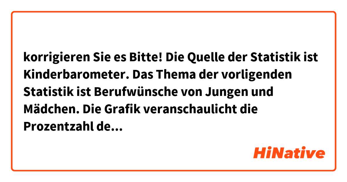 korrigieren Sie es Bitte!

Die Quelle der Statistik ist Kinderbarometer. Das Thema der vorligenden Statistik ist Berufwünsche von Jungen und Mädchen. Die Grafik veranschaulicht die Prozentzahl der Berufe, die von den Kindern des Alter von 9 bis 13 Jahren ausgewählt werden.

Aus der Statistik kann man einfach entnehmen , dass es kaum Veranderung in dem Interesse des Geschlechts gibt. Die Mädchen beschäftigen sich mit den Berufen wie Kunstlerin, Ärztin.Die Berufen wie Polizie, Fußballsportler oder Handwerk sind dagegen typische Wünsche von Jungen. Unter den Mädchen beträgt die Anzahl von Kunstlerin eine höhe von 16%, und der Anteil der Jungen liegt bei 11%, die nach technschem Handwerk wünschen.

Einer der Gründe konnte für den Unterschied sein, dass am Anfang die Eltern ihre Kinder die gesellschaftlichen Rollenverteilungen Einstellung beibringen.,dh die Kinder sind so erzogen, dass die Mädchen etwas mit Kreativitat oder soziales Umgehen zu tun haben, hingegen sind die Jungen im Vorteil von Schnelligkeit , körperliche kraft oder mit Technik in ihrem Leben zurechtkommen können, deswegen üben sie die Berufe aus, die viel Mut brauchen.

Es steht außer Zweifel, dass es nicht viele Personen gibt, die ihre Traumberufe von der Kindheit ausgeübt haben,was sie einmal werden wollten wie z.ß.,in ihrer Kindheit wollten sie Polizie, Astronaut oder Rockstar werden, aber in Verlauf der Zeit weschselt ihrer Traüme. Dazu fällt mir ein personliches Biespiel ein , als ich Kind war, wollte ich Ärztin werden , aber jetzt ich engagiere mich für die berufe, in denen ich gutes Geld verdienen kann.

Abschließend lässt sich feststellen, dass bei uns in Indien die dargestellte Situation ähnlich ist. Auch hier wünschen die Kinder  nach traditionallen Berufen wie Ingenieur oder Lehrerin. Aber die Situation verändert sich langsam, weil die Kinder eine Entscheidung nicht nach dem Klischee treffen, sondern nach ihrem Interesse und Vorlieben .