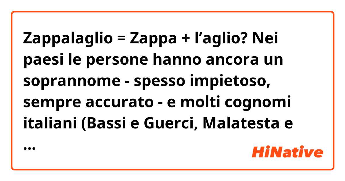 
Zappalaglio = Zappa + l’aglio?



Nei paesi le persone hanno ancora un soprannome - spesso impietoso, sempre accurato - e molti cognomi italiani (Bassi e Guerci, Malatesta e Zappalaglio) rivelano un realismo amaro.
