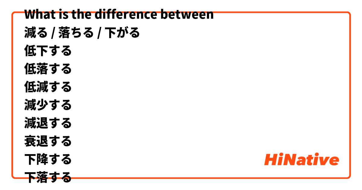 What is the difference between
減る / 落ちる / 下がる
低下する
低落する
低減する
減少する
減退する
衰退する
下降する
下落する