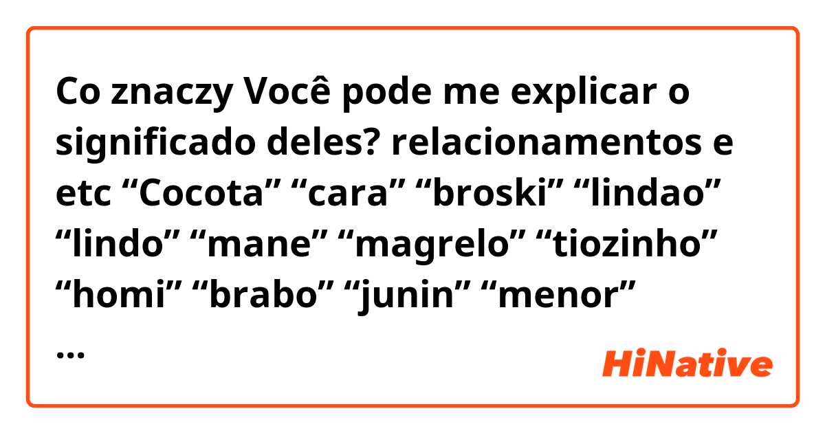 Co znaczy Você pode me explicar o significado deles? 
relacionamentos e etc

“Cocota” “cara” “broski” “lindao” “lindo” “mane” “magrelo” “tiozinho” “homi” “brabo” “junin” “menor” “crack” 
 “hermano” “gordo”(Spanish?)?