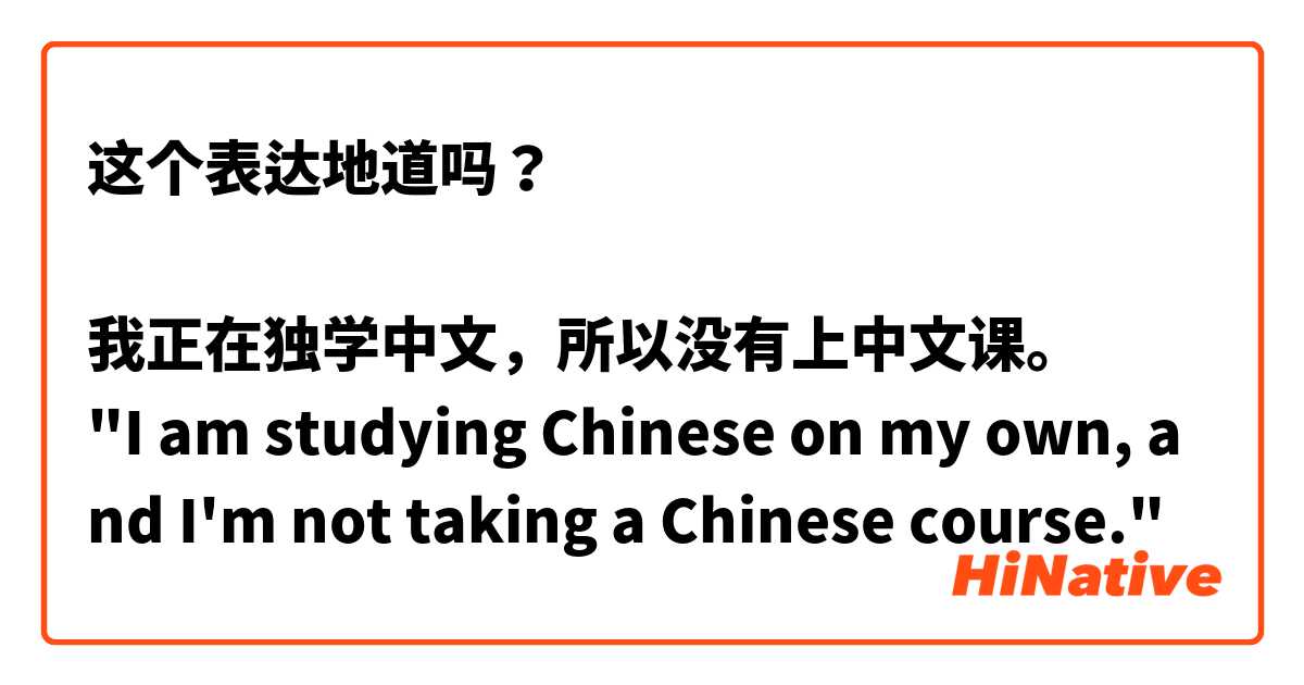 这个表达地道吗？

我正在独学中文，所以没有上中文课。
"I am studying Chinese on my own, and I'm not taking a Chinese course."